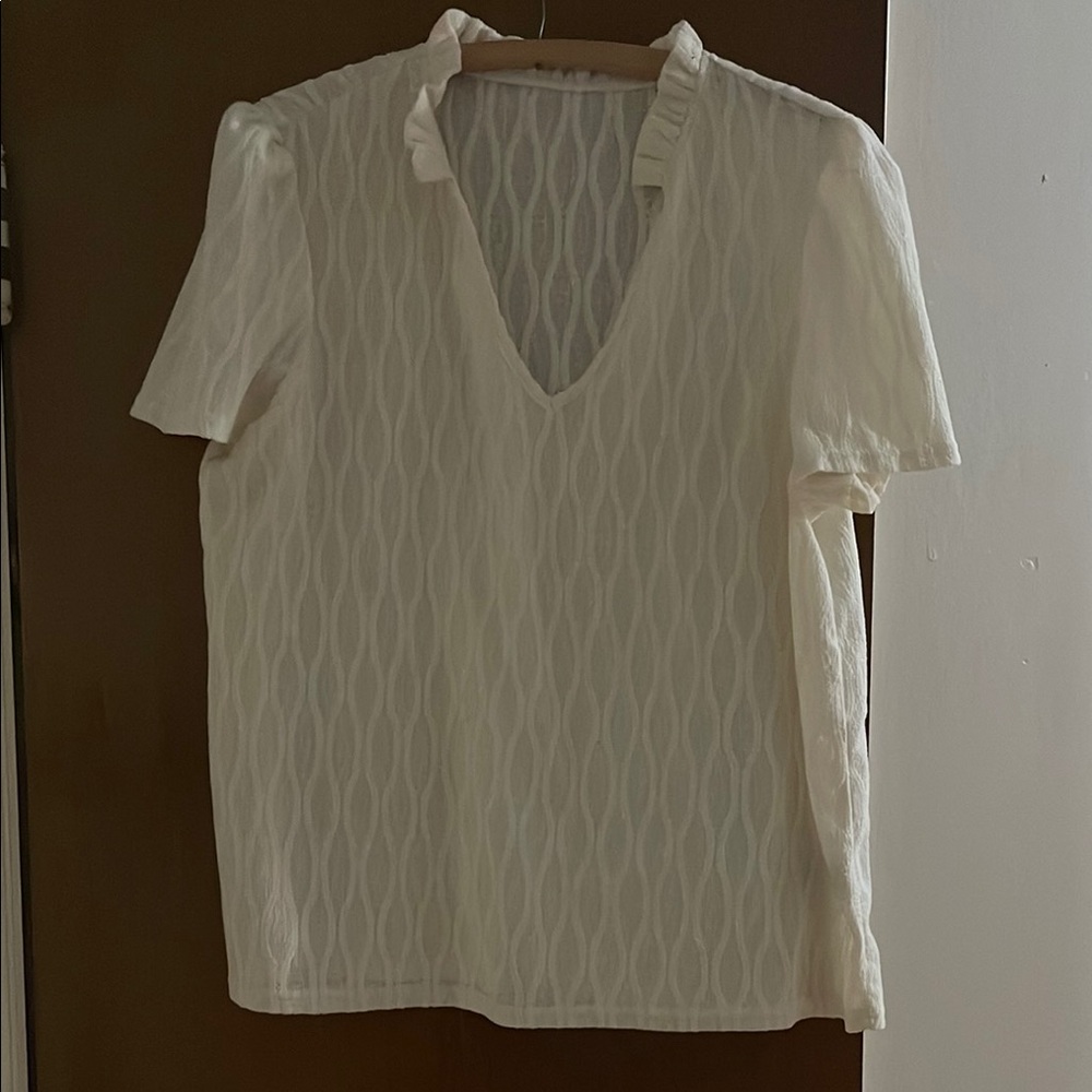 SHEIN Cream V-Neck Blouse with Textured Knit Design